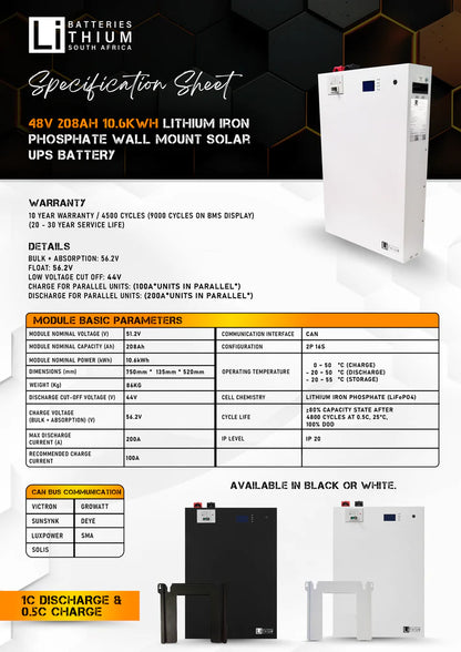 LBSA 51.2V 208Ah 10.6kWh LiFePO4 Battery Wall Mount Black