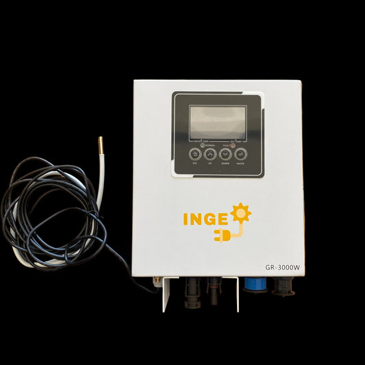 An INGE GR 3000W solar power inverter unit with a digital display screen and control buttons, shown alongside a coiled black and white cable on a wooden background.