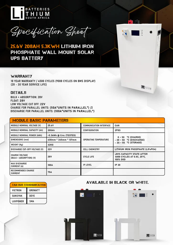 LBSA 25.6V 208Ah 5.3kWh LiFePO4 Battery Wall Mount White