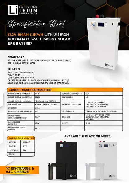 LBSA 51.2V 104Ah 5.3kWh LiFePO4 Battery Wall Mount Black