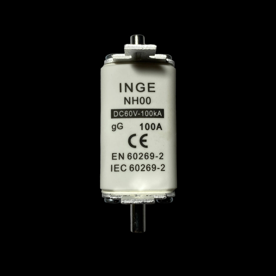 An INGE NH00 DC80V-100kA gG fuse, classified as Product/Packaging, shown against a neutral gray background. The fuse has a white ceramic body with black printed text and a silver metal top and bottom terminals.