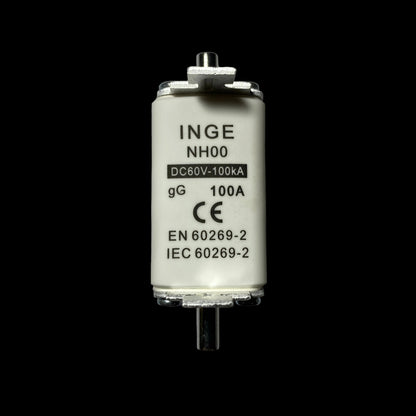 An INGE NH00 DC80V-100kA gG fuse, classified as Product/Packaging, shown against a neutral gray background. The fuse has a white ceramic body with black printed text and a silver metal top and bottom terminals.