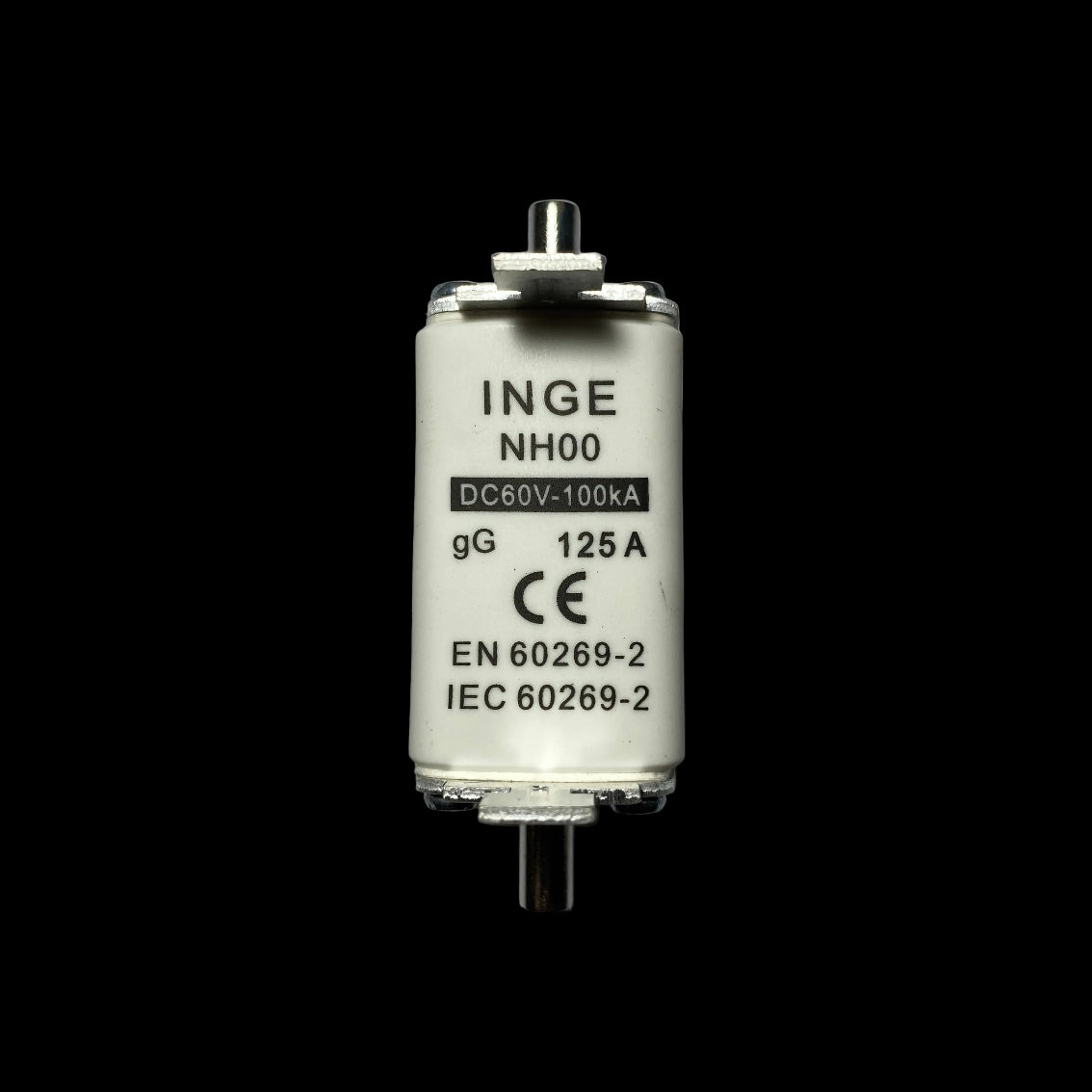 An INGE NH00 DC60V-100kA gG 125A electrical contactor or relay component, shown vertically against a neutral gray background.
