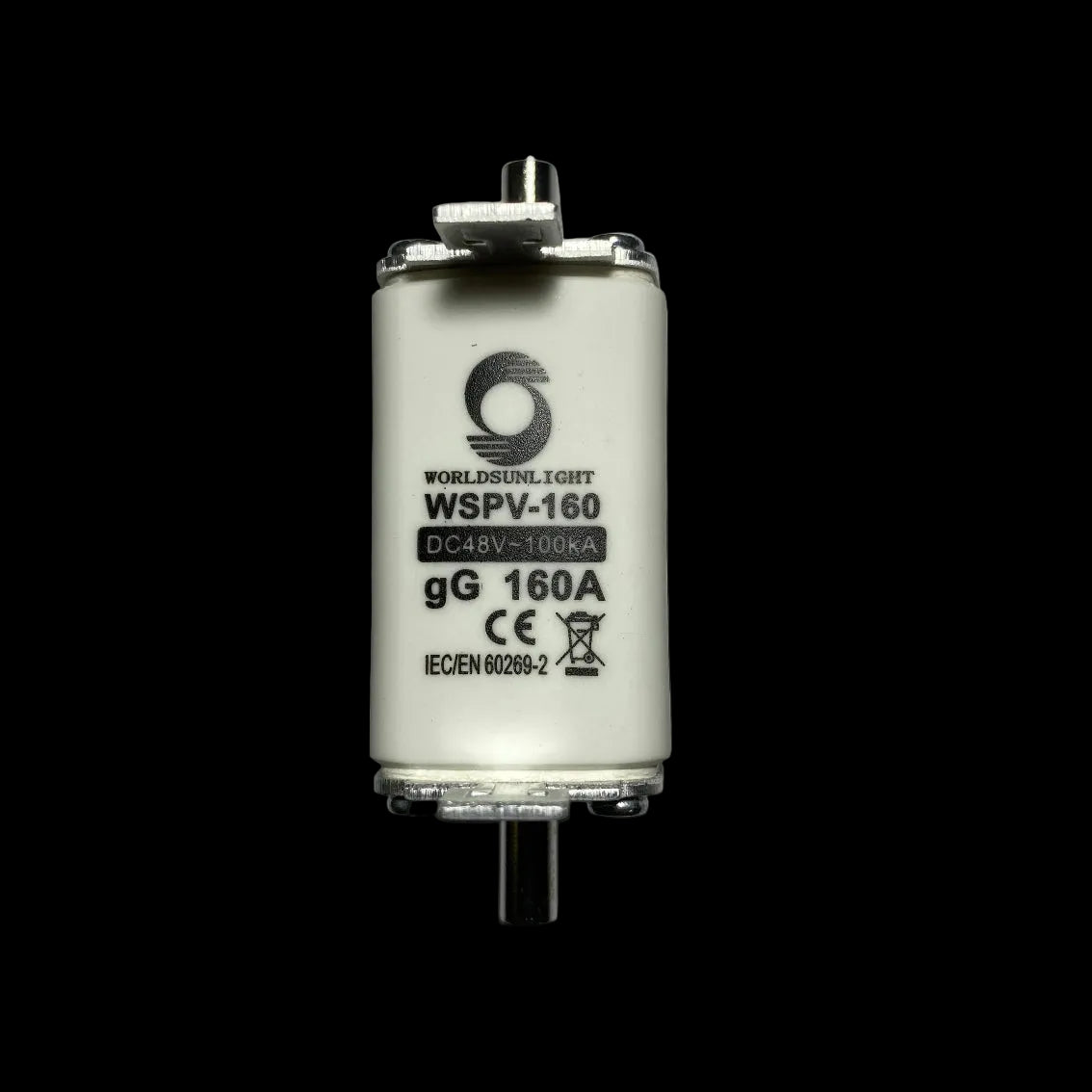A World's Light WSPV-160 DC 16V 160A gG fuse, featuring a white cylindrical body with black printed text and logo, set against a plain gray background.