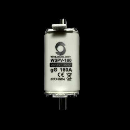 A World's Light WSPV-160 DC 16V 160A gG fuse, featuring a white cylindrical body with black printed text and logo, set against a plain gray background.