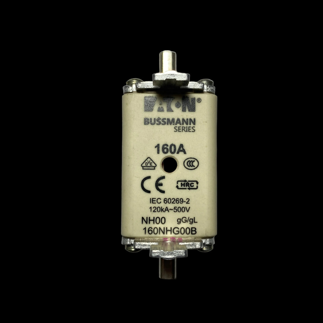A Bussmann 160A electrical contactor or relay component, model 160NHG00B, featuring a beige metal body with silver screw terminals and a small red indicator light, photographed on a neutral gray background.