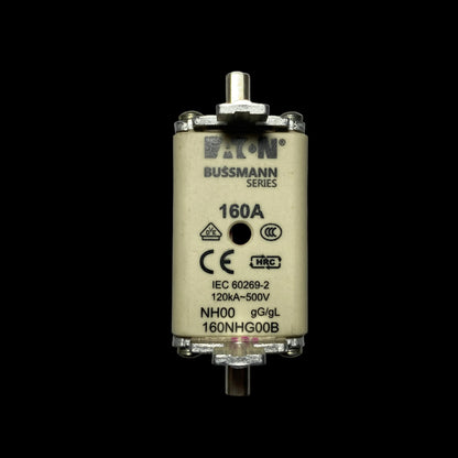 A Bussmann 160A electrical contactor or relay component, model 160NHG00B, featuring a beige metal body with silver screw terminals and a small red indicator light, photographed on a neutral gray background.