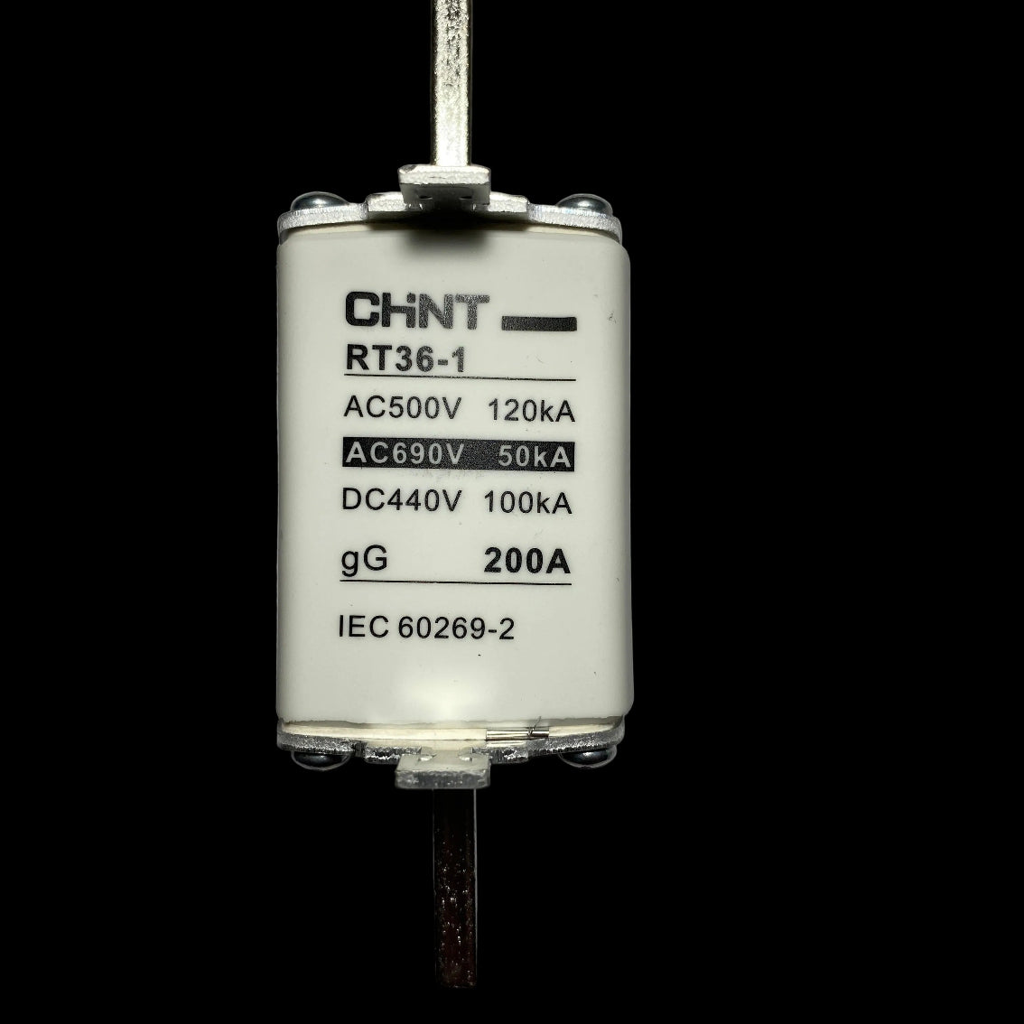 A CHNT brand RT36-1 electrical fuse with a white plastic body, clear end caps, and metal terminals, shown on a neutral gray background.