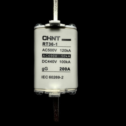 A CHNT brand RT36-1 electrical fuse with a white plastic body, clear end caps, and metal terminals, shown on a neutral gray background.