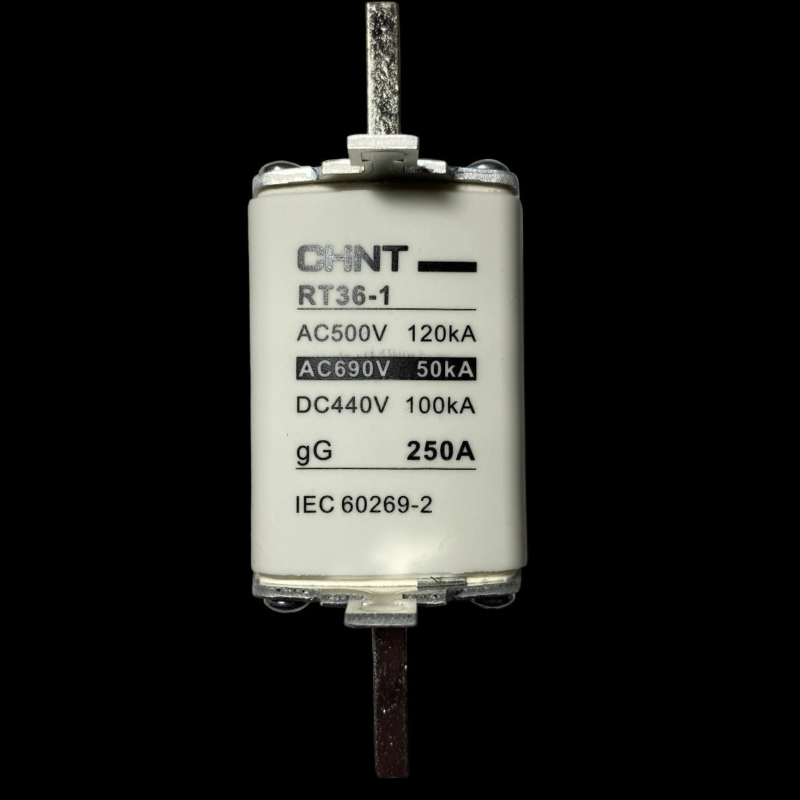 A CHNT brand RT36-1 AC/DC surge protector fuse with a white body, black printed specifications, and metal terminals on a neutral gray background.