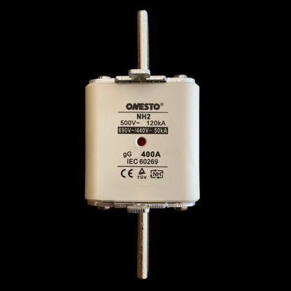 An ONESTO NH2 electrical fuse, model 500V-120kA / 500V-440V-50kA, with a cream-colored body and silver metal terminals, shown against a solid black background.