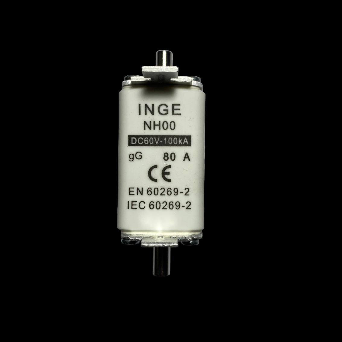 An INGE NH00 DC80V-100kA gG 80A metal electronic fuse with a white ceramic body and silver metal terminals, shown on a neutral gray background.