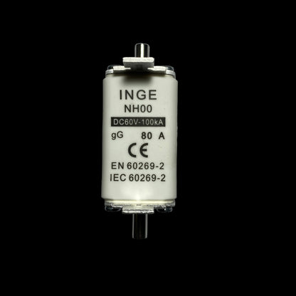 An INGE NH00 DC80V-100kA gG 80A metal electronic fuse with a white ceramic body and silver metal terminals, shown on a neutral gray background.