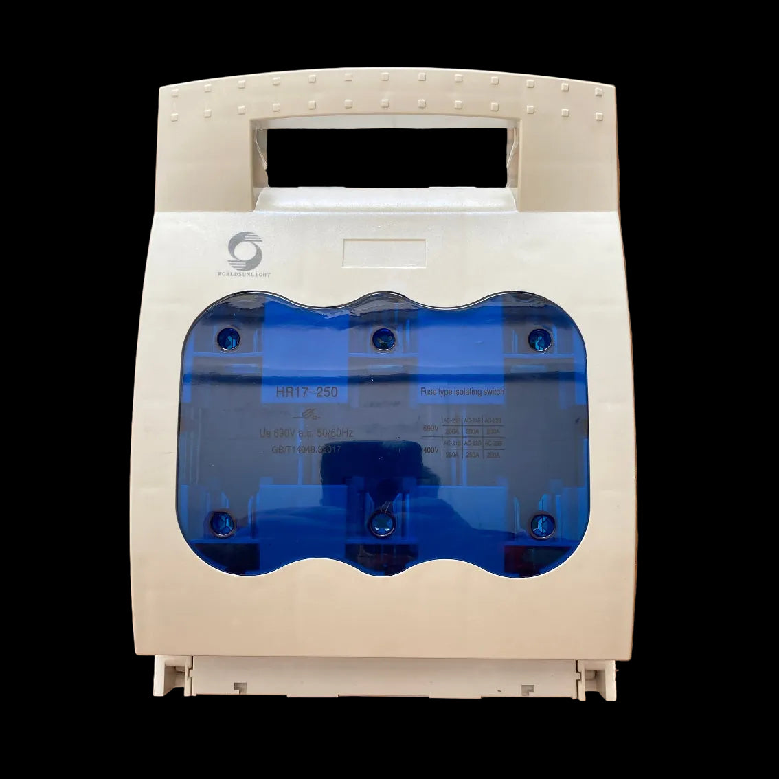 A white plastic water filter housing with a translucent blue window, photographed from above on a wooden surface.