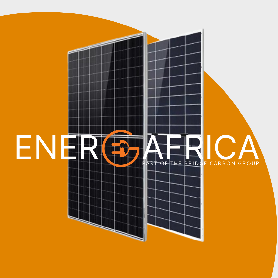 Two solar panels shown at an angle with a large 'ENERGAFRICA' logo and 'PART OF THE BRIDGE CARBON GROUP' text overlaid across the center, on an orange and light gray graphic background.