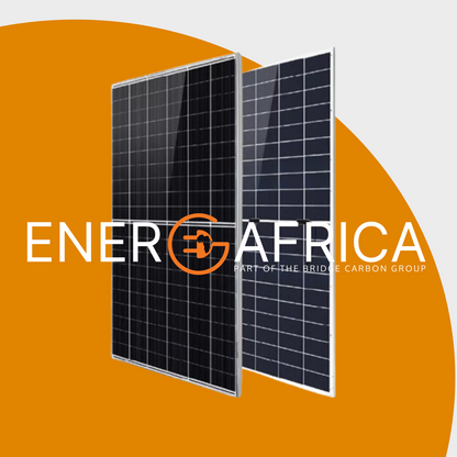 Two solar panels shown at an angle with a large 'ENERGAFRICA' logo and 'PART OF THE BRIDGE CARBON GROUP' text overlaid across the center, on an orange and light gray graphic background.